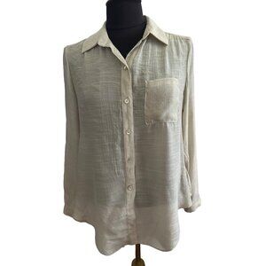 New Directions Petite PM Beige Button-Up Long Roll Tab Sleeve Sheer Blouse